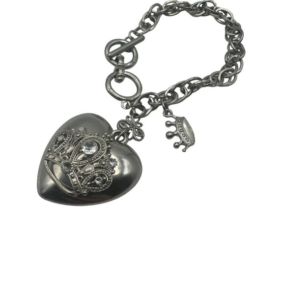 Oxidized Heart Charm Toggle Bracelet With Ornate Crown Design Crystal Accents - Picture 1 of 4
